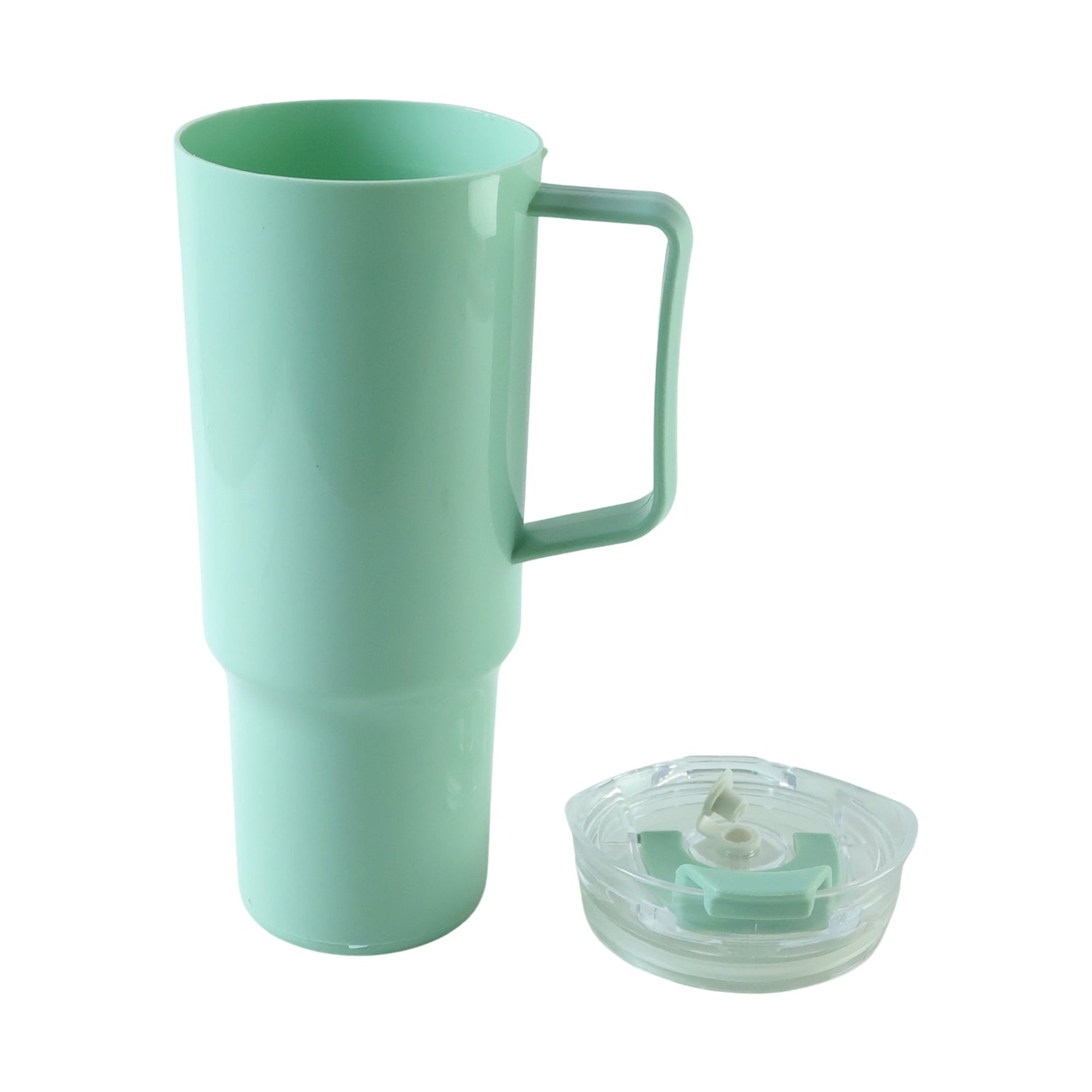 A mint green plastic tumbler with a handle and its clear lid detached, against a white background.