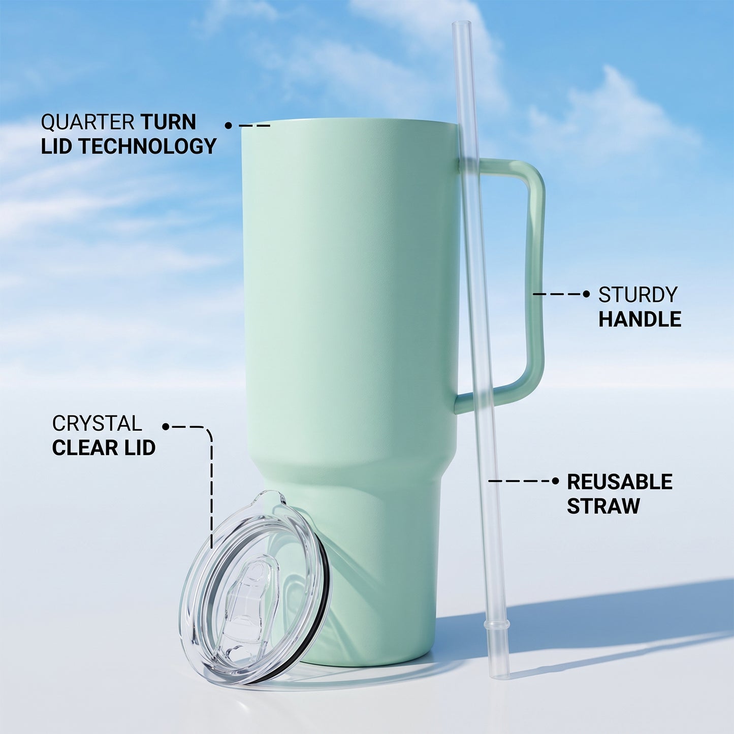 A mint green tumbler with its clear lid and straw detached, showing features like quarter-turn lid technology.