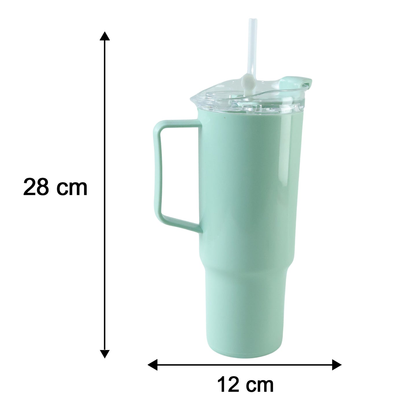 A mint green tumbler with a straw and handle, showing its dimensions: 28 cm height and 12 cm width.