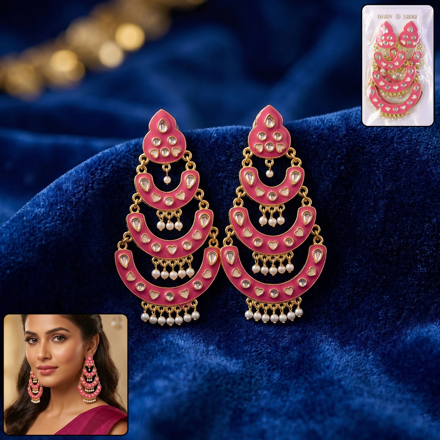 Black Layered Chandbali Earrings with Pearl Drops for Women
