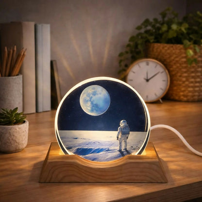 LED astronaut moon acrylic lamp with wooden base
