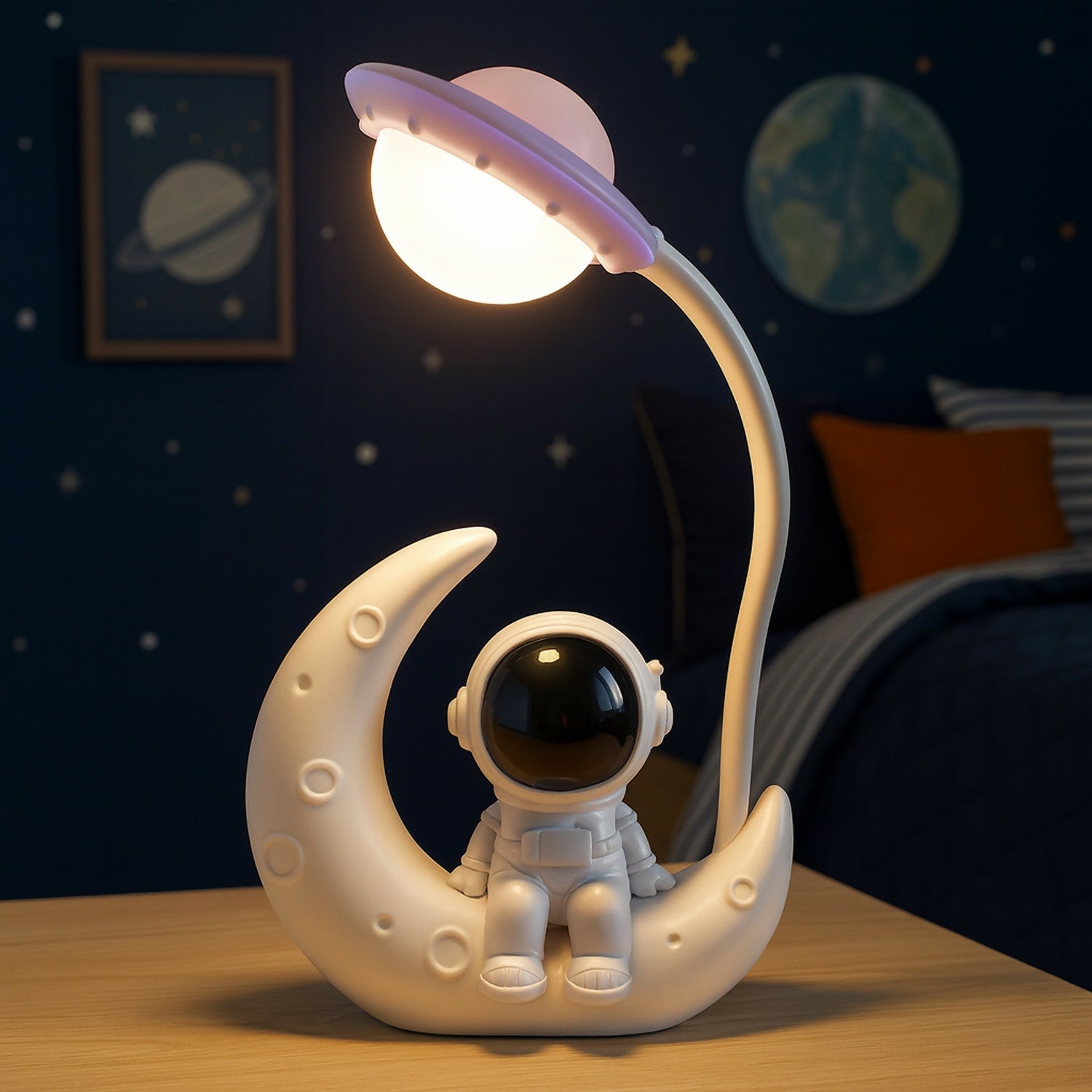 Astronaut Moon LED Night Lamp with Touch Control, USB Rechargeable