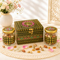 Handcrafted Oxidised Golden Meena Work Storage Box with 2 Decorative Glass Jars | Traditional Ethnic Gift Set