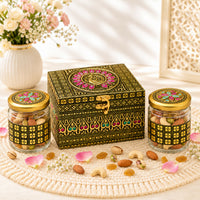 Handcrafted Oxidised Golden Meena Work Storage Box with 2 Decorative Glass Jars | Traditional Ethnic Gift Set