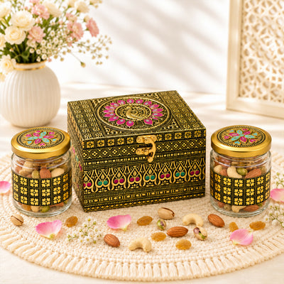 Handcrafted Oxidised Golden Meena Work Storage Box with 2 Decorative Glass Jars | Traditional Ethnic Gift Set
