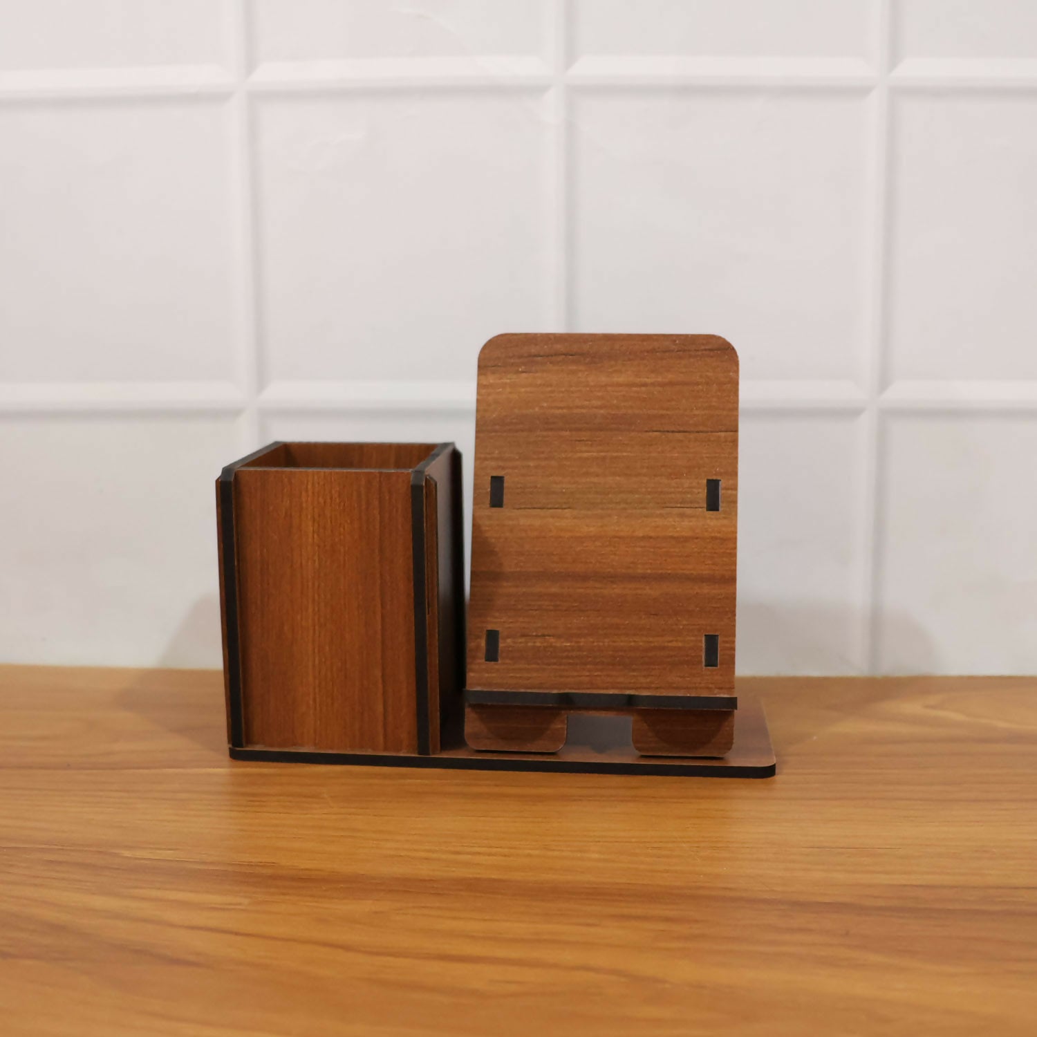 Minimalist wooden desk organizer on study desk