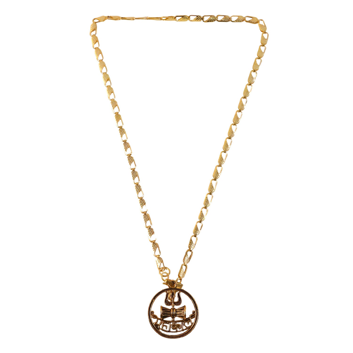 Close-up of gold Mahakal necklace showing detailed sacred symbols
