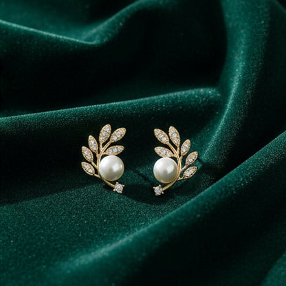 Crystal Leaf & Pearl Ear Climbers front view on ear