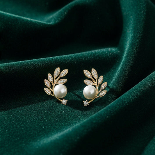 Luxurious Crystal Leaf & Pearl Ear Climbers – 14K Gold Plated Botanical Studs