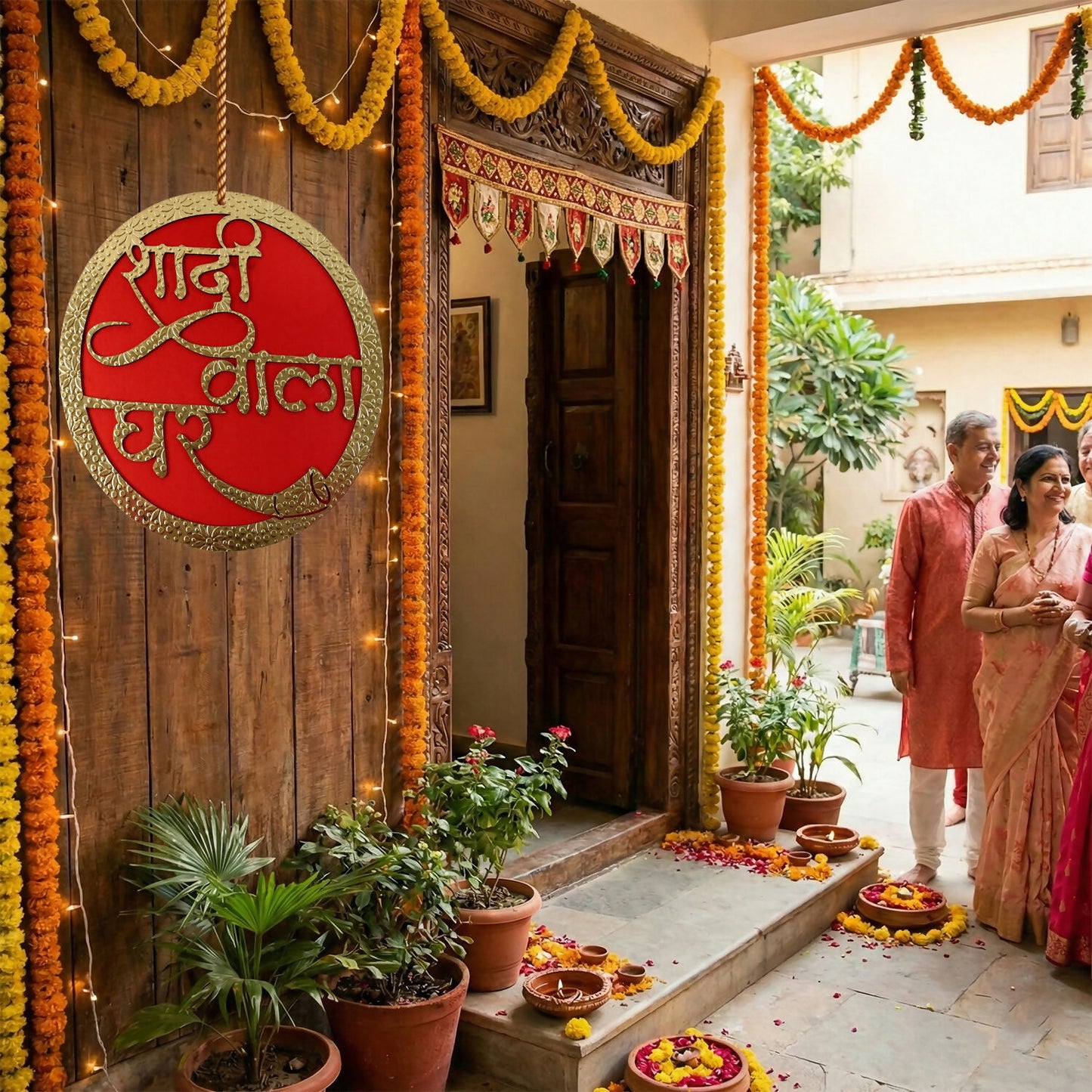 Shadi Wala Ghar Wedding Entrance Decor Red & Gold Hindi Wall Hanging Festive Home Decoration
