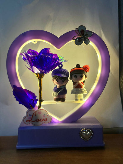 Heart Shape LED Love Lamp with Golden Stem Purple Rose & Cute Romantic Couple Figurines | Decorative Night Light Gift for Anniversary, Valentine, Bedroom & Home Decor