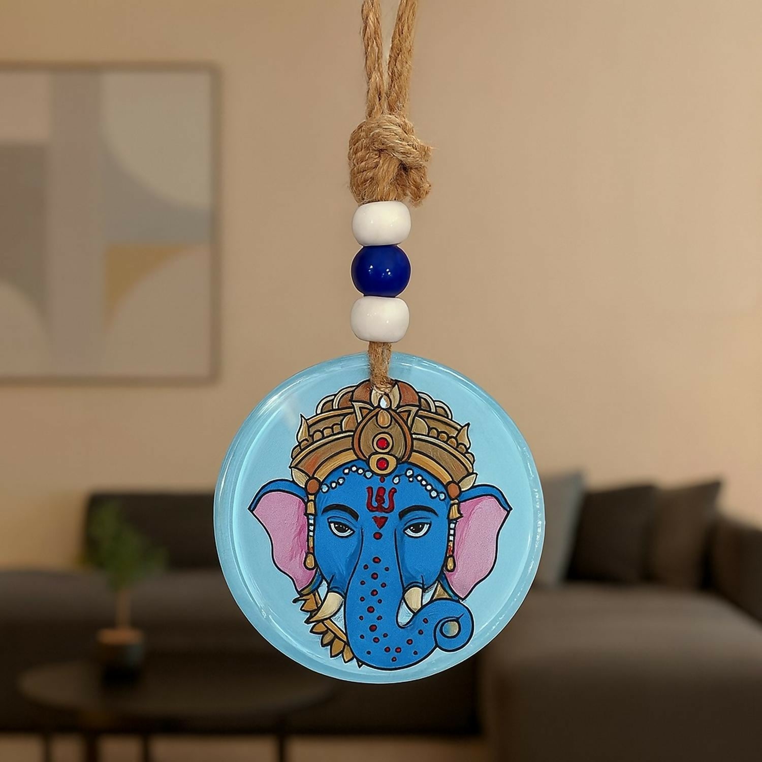 Set of 2 Hanging Wall & Car Decorative Ornaments – Lord Ganesha Design & Chakra Meditation Lotus Symbol – Evil Eye Protection with Beads – Home Temple Wall Décor, Car Rearview Mirror Hanging, Positive Energy Gift