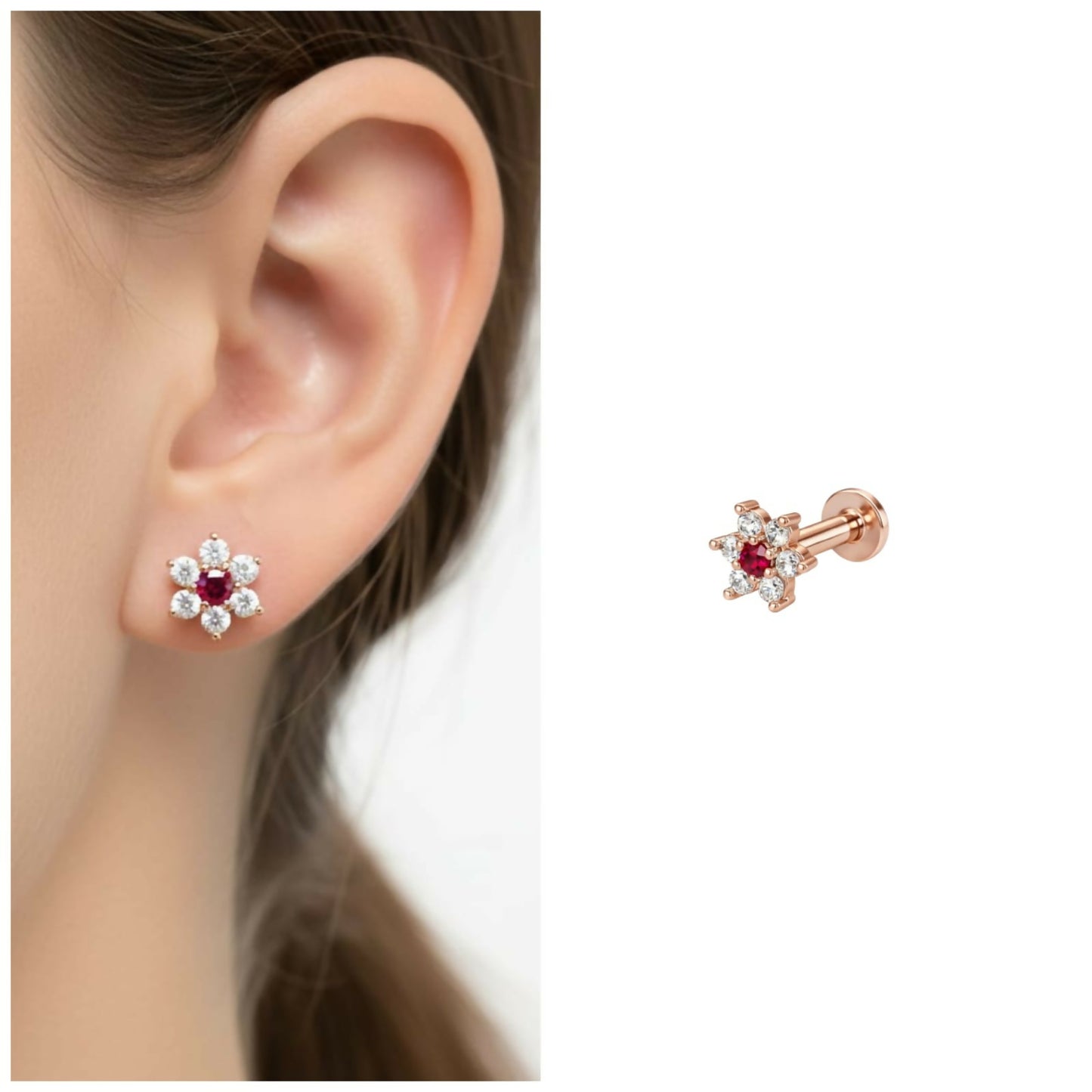 Close-up of rose gold ruby diamond flower flat back stud earring with vibrant ruby center