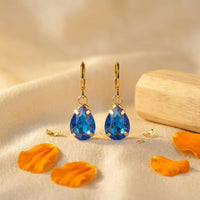 Elegant Blue Teardrop Crystal Drop Earrings with Gold Tone Hoops for Women & Girls