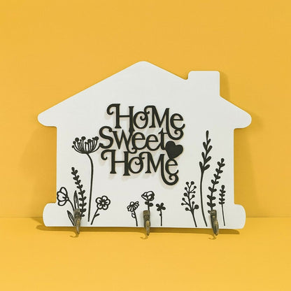 Wooden Wall Mounted Key Holder | Decorative House Shaped Key Hanger with “Home Sweet Home” Design | 3 Metal Hooks for Keys, Jewelry & Accessories | Rustic Modern Wall Décor for Home, Entryway & Living Room