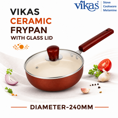 Brown ceramic frypan with glass lid and wooden handle angle view