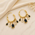 Golden-Plated Hoop Bali Earrings with Black & Clear Teardrop Crystal Chandelier Fringe