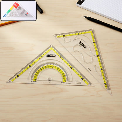 Khyati Strong Transparent Set Square with Protractor Scale for School & Technical Drawing Use
