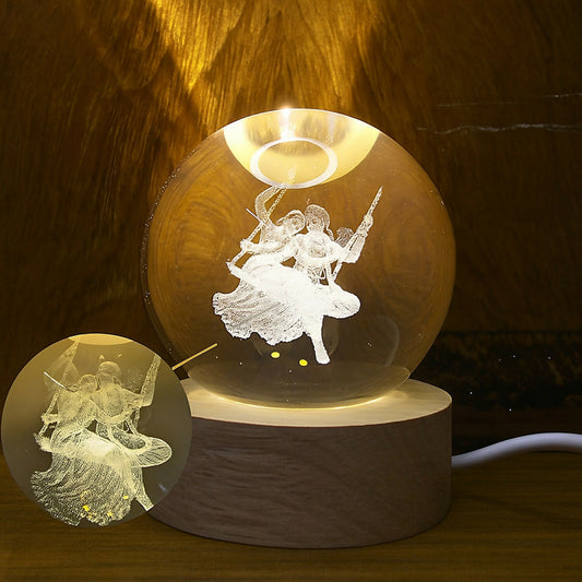 Premium LED Crystal Globe Swing radha krishna Night Lamp | 3D Laser-Engraved Glass Ball Light on Wooden Base | Warm Ambient Light for Bedroom, temple & Gifting
