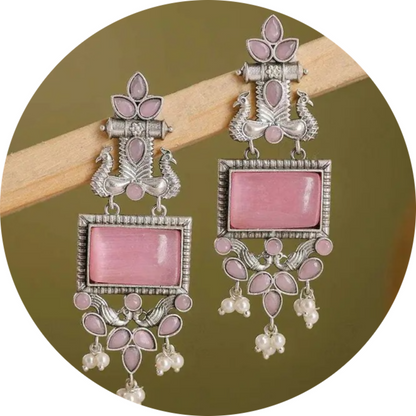 Traditional Oxidized Silver Pink Stone Pearl Drop Earrings