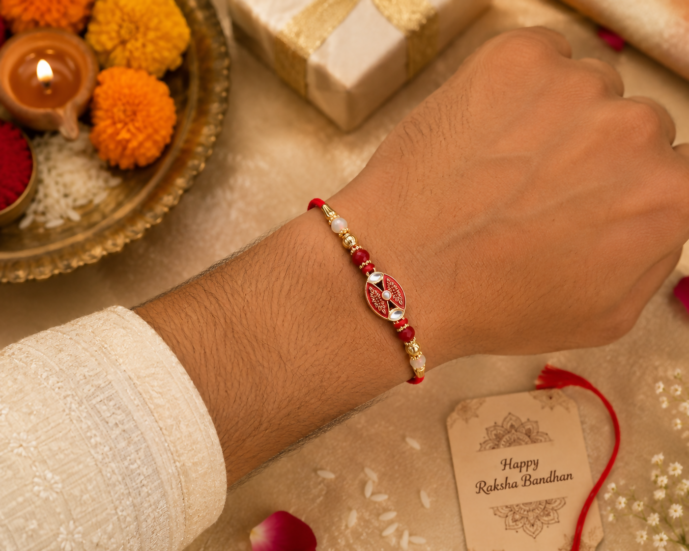 A man's arm wears a red and gold beaded bracelet, with a lit diya and orange flowers in the background.