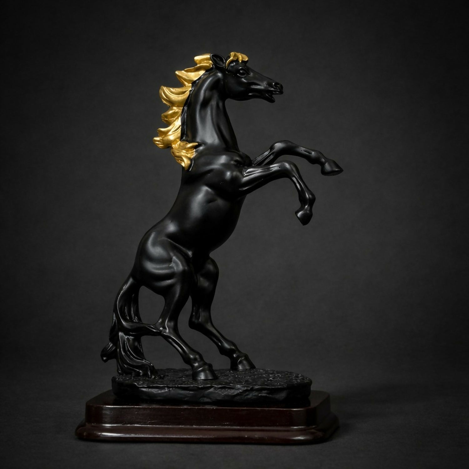 Black Horse poly-resin Showpiece with Golden Mane for Home Decor | Lucky Horse Statue