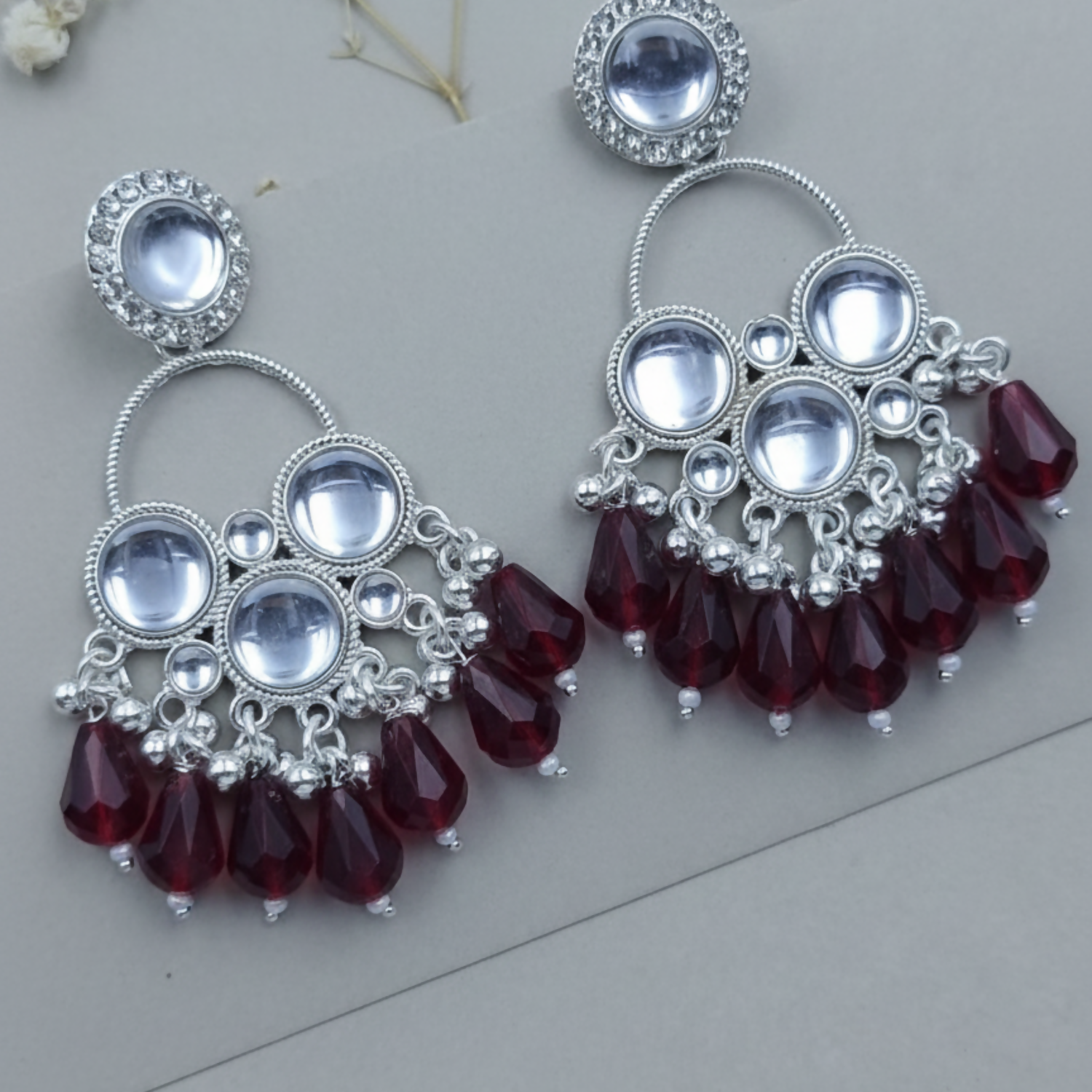 Kundan Maroon Pearl Silver Plated Chandbali Earrings Agate Alloy Chandbali Earring