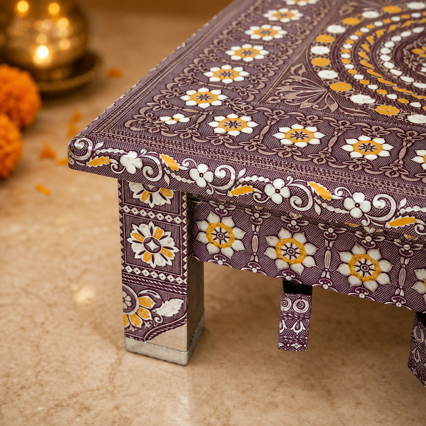 Top-down view of the durable stainless steel Pooja Chowki Bajot.