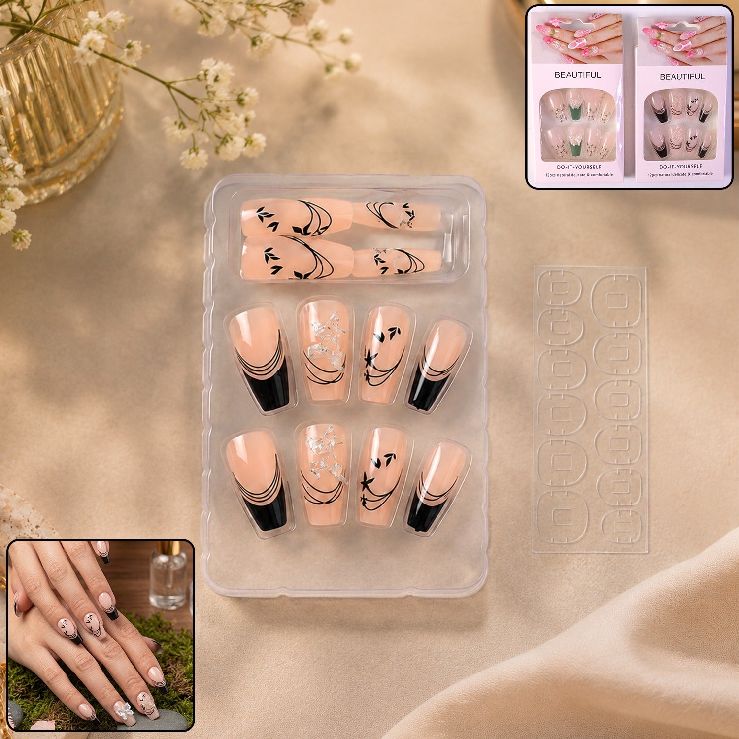 Burgundy artificial press-on nails set with white floral design, 12 reusable pieces