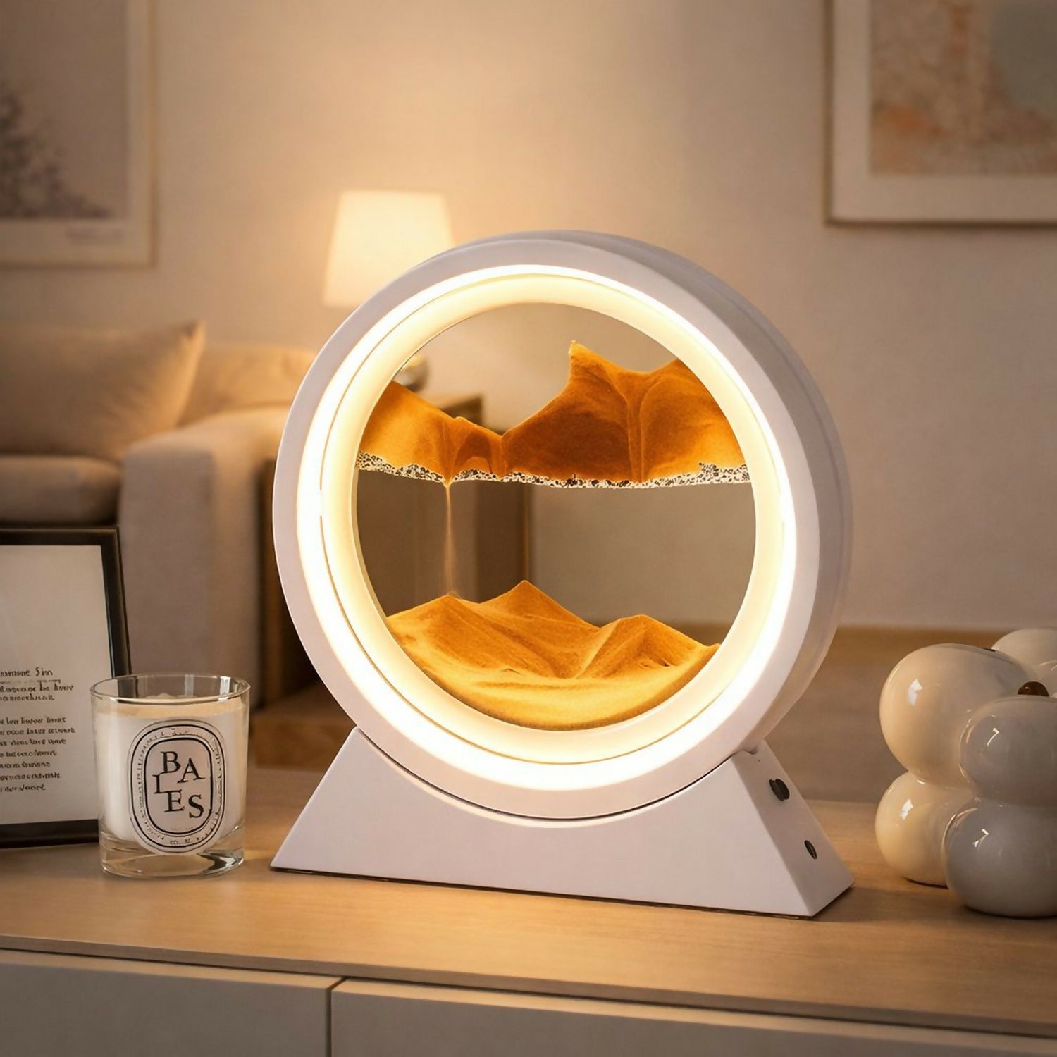 White LED Sand Art Motion Lamp with Ring Light for Home & Bedroom Decor