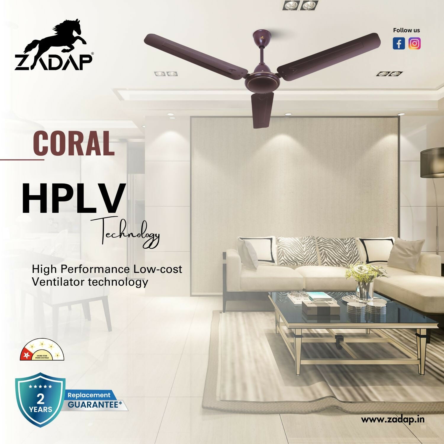 Modern designer ceiling fan ZADAP Coral 1200mm royal brown