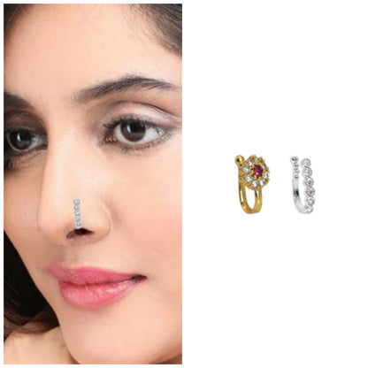 No Piercing CZ Stone Nath Clip-On Nose Ring Set Combo Pack of 2