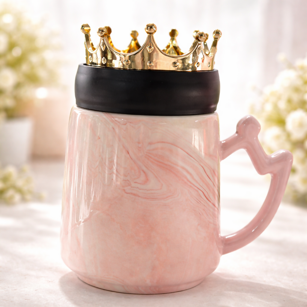 Queen Crown Ceramic Mug with Lid | Luxury Coffee & Tea Mug | Pink
