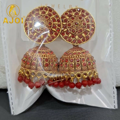 Antique Gold Red Stone Jhumka Earrings Traditional Ethnic Jewelry