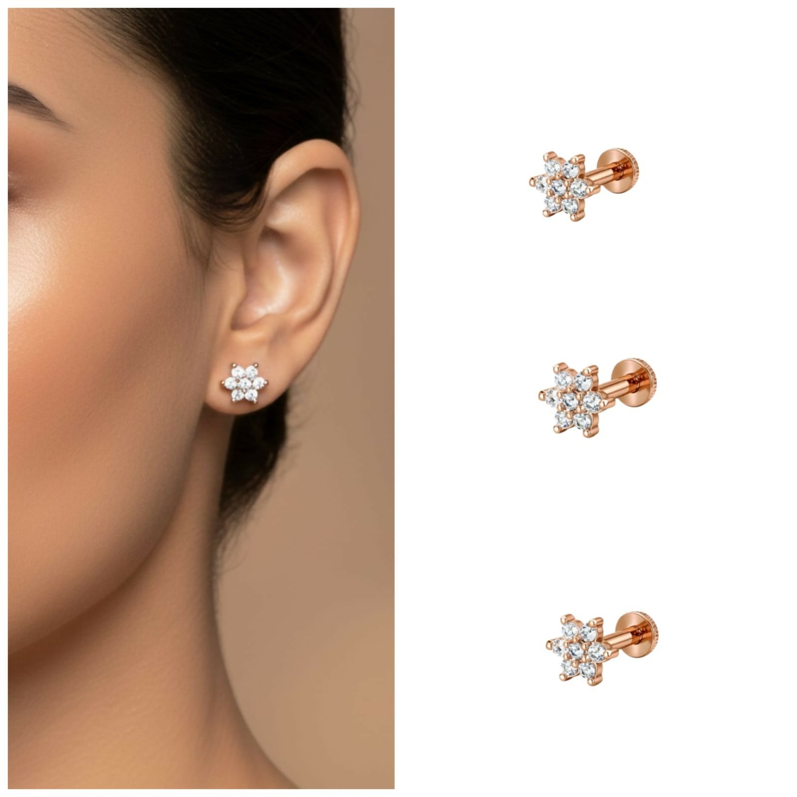 Rose gold floral stud earrings combo pack showcasing flat back and crystal embellishments
