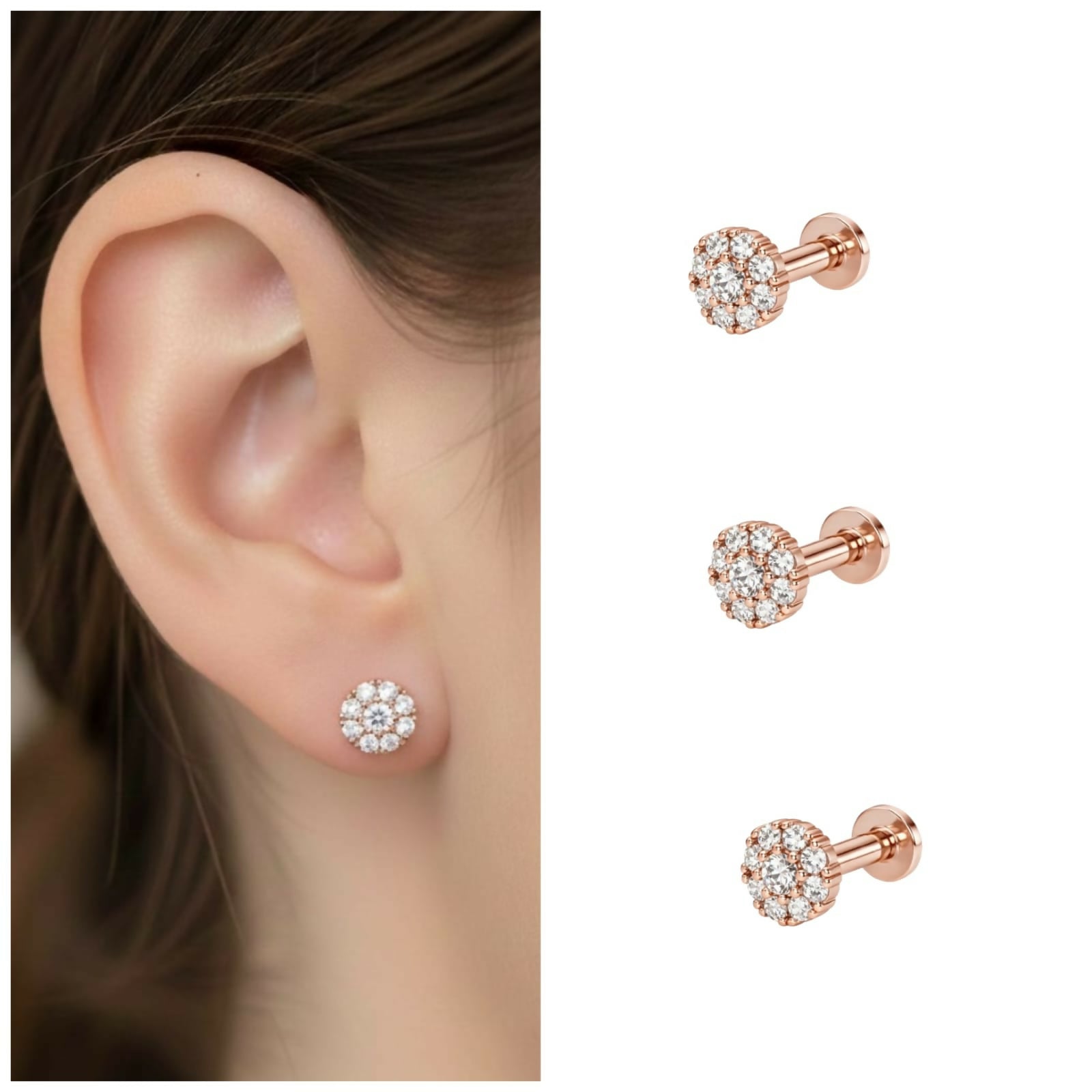 Close-up of rose gold flower cluster stud earrings featuring sparkling crystals