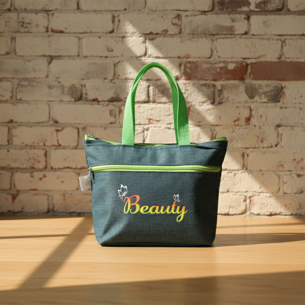 Stylish Denim Shopping Bag with Green Handles – “Beauty” Tote