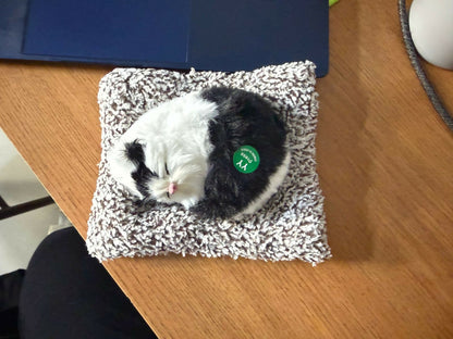 Sleeping cat plush toy resting on soft cushion decorative showpiece