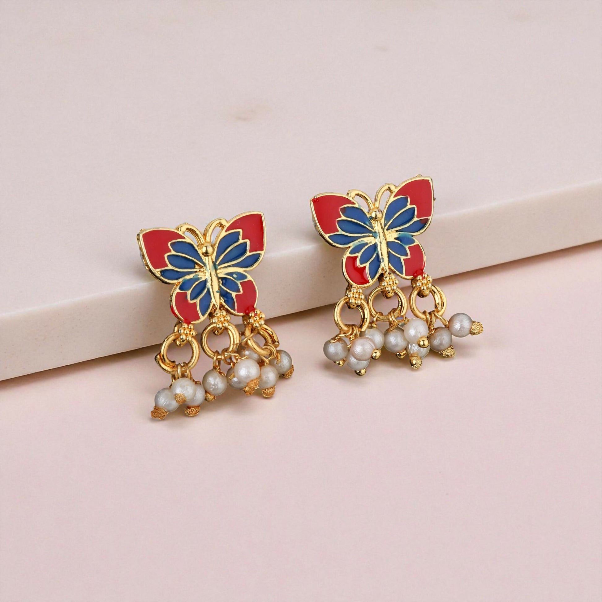 Vibrant Red & Blue Enamel Butterfly Choker Set with Pearl Drops