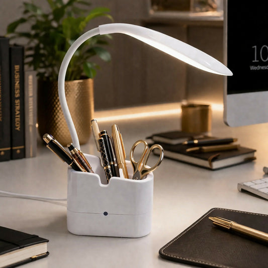 White LED Desk Lamp with Mobile Stand & Pen Holder, USB Charging Light