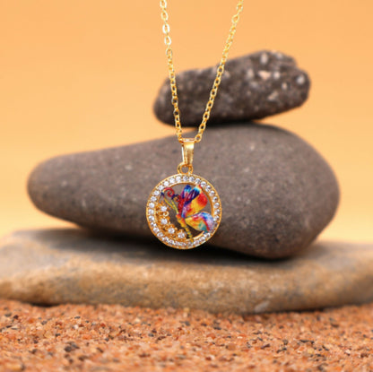 Gold Butterfly Pendant Necklace - Colorful Crystal Circle For women and girls