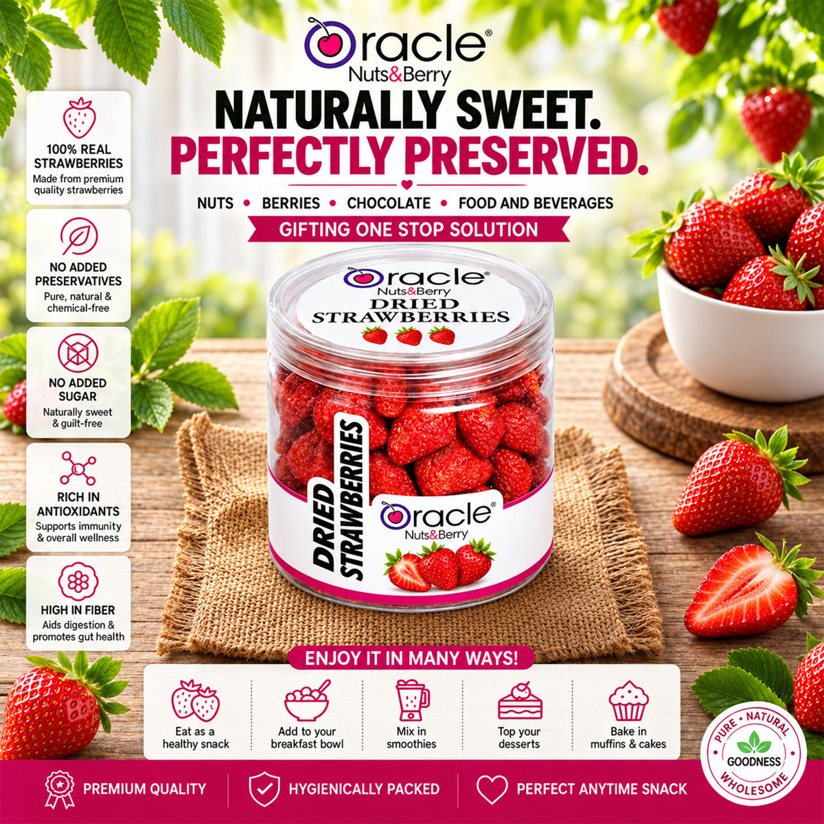 Dried Strawberries Premium Naturally Sweet Chewy Whole Berries Fruit Treat (180g)