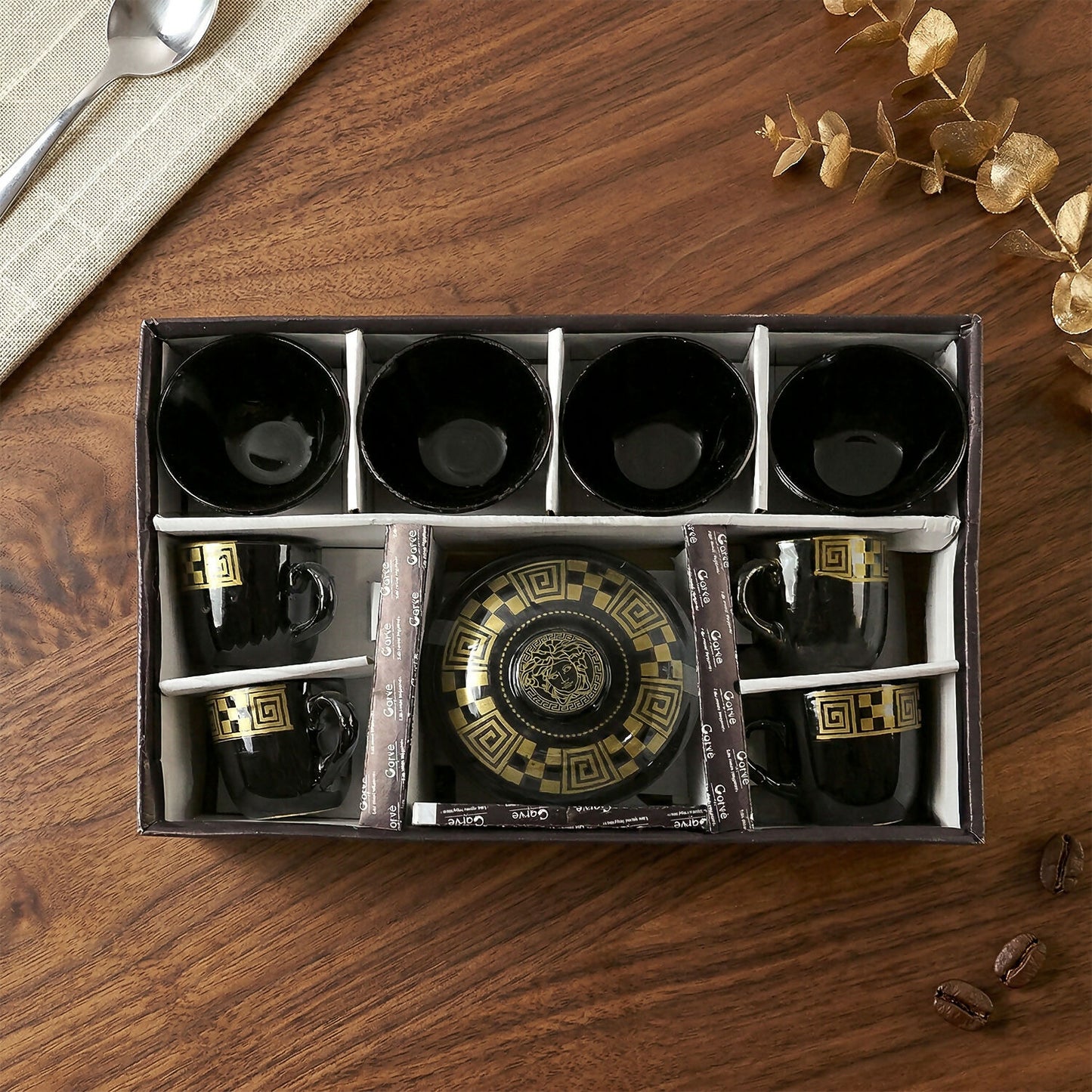 Hot Espresso Cup Set Black Gold Coffee Mug Bowl Set with Serving Pot (9 Pc)