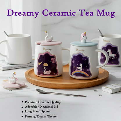 Dream Theme Ceramic Mug with Cute Animal Lid & Spoon for Tea, Coffee & Gifting(Design may vary!)