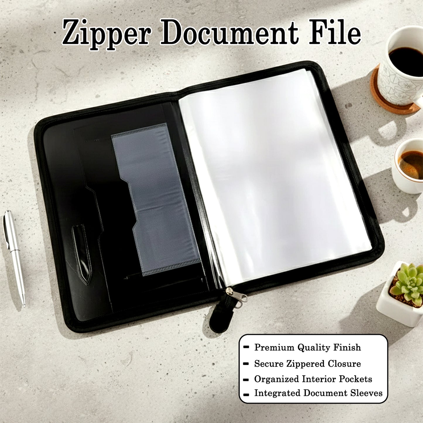 Executive Zipper Document File Folder with 20 Clear Sleeves for Office & Conference