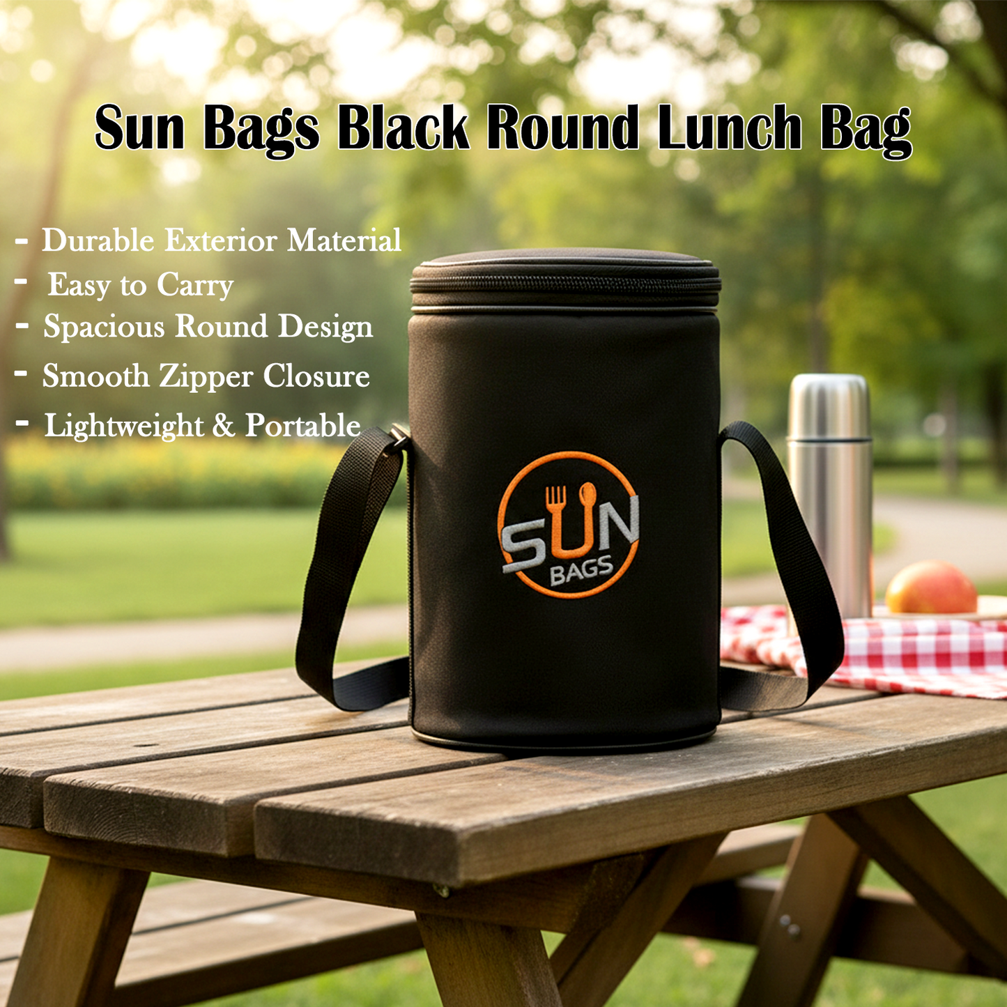 Sun Bags Round Tiffin Bag | Premium Lunch Bag with Shoulder Strap | Durable Fabric | Compact Food Carrier for Office, School & Travel (Black)
