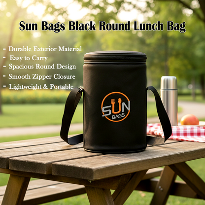 Sun Bags Round Tiffin Bag | Premium Lunch Bag with Shoulder Strap | Durable Fabric | Compact Food Carrier for Office, School & Travel (Black)