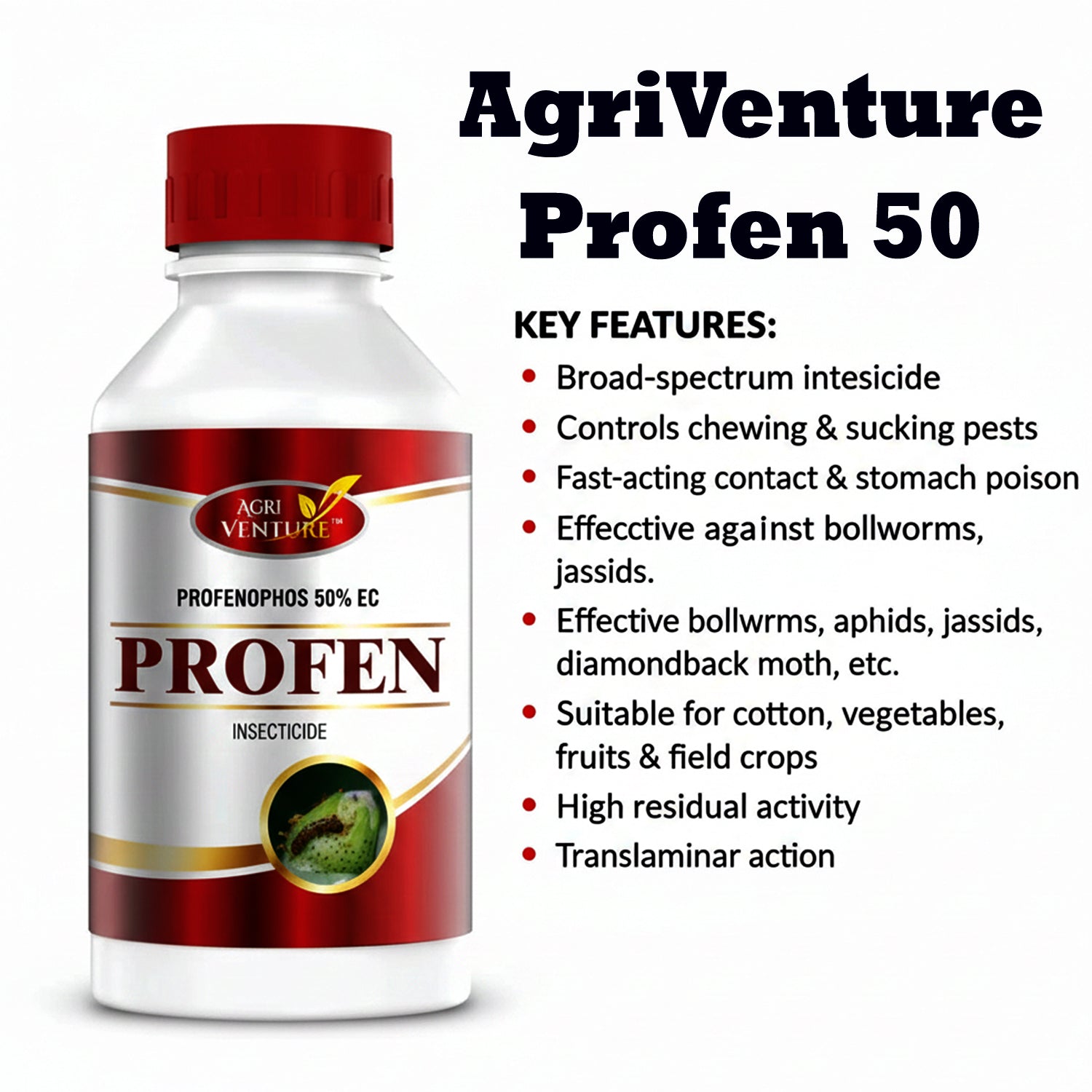 AgriVenture PROFEN ( Profenophos 50% EC ) Insecticide, Control Bollworms, Jassids, Aphids(1 LTR)