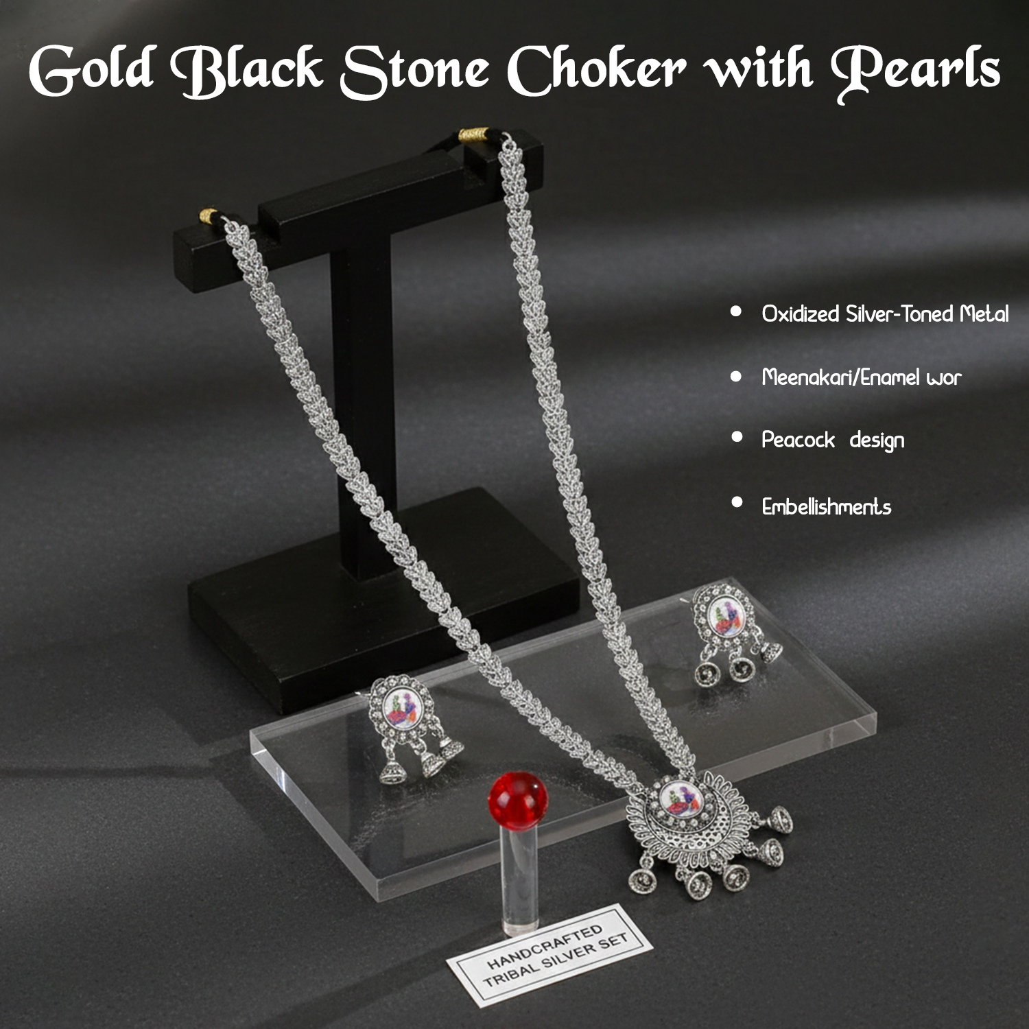 Bold Gold-Tone Black Stone Choker with Pearl Drops