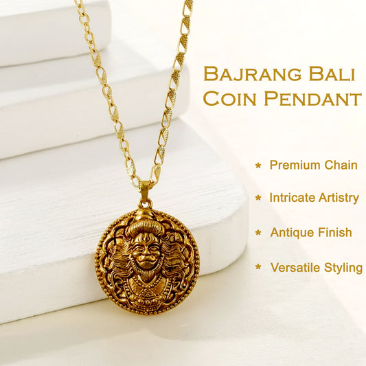 Lord Hanuman coin-style devotional pendant with chain